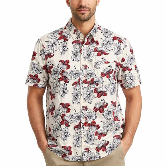 H&M Other - Floral Short Sleeve Button-Up Shirt Cream Red Black Hawaiian Casual Summer